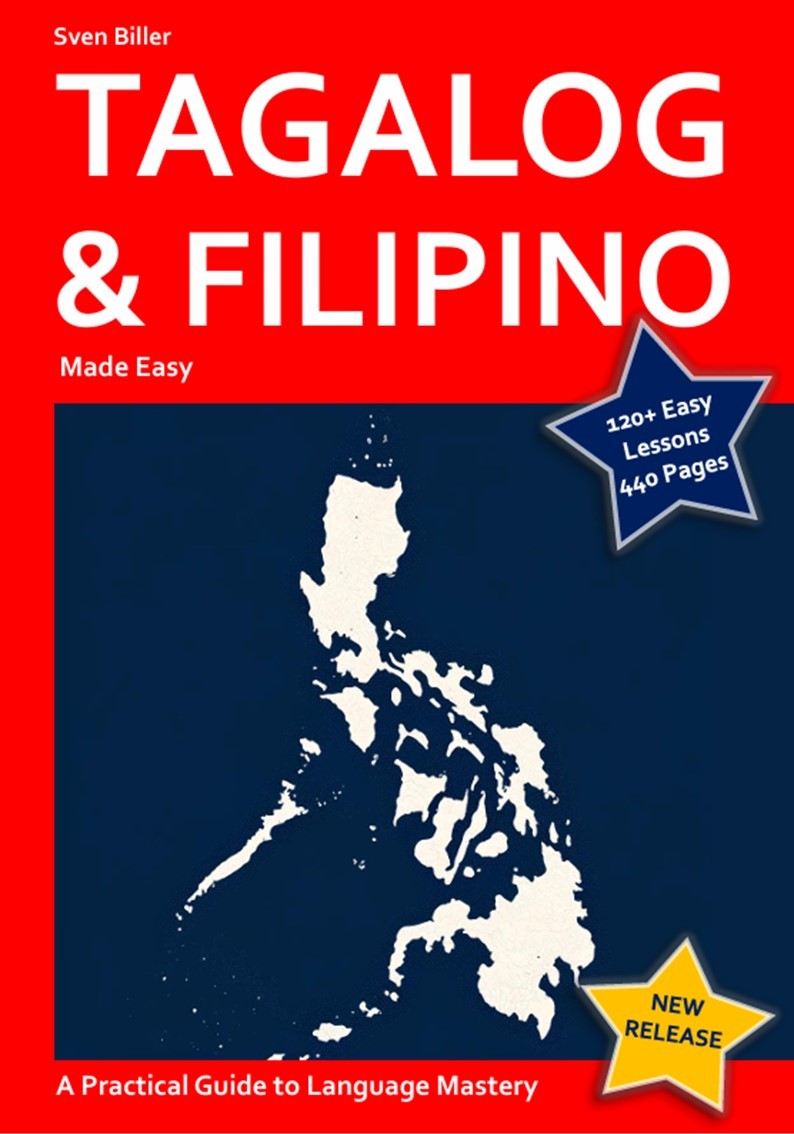 Book cover of 'Tagalog & Filipino Made Easy' with a map of the Philippines on a red background.